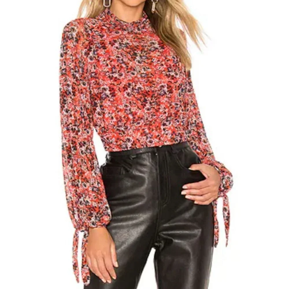 Free People All Dolled Up Mesh Crop Top Women’s Small Red Floral Mock Neck Ties